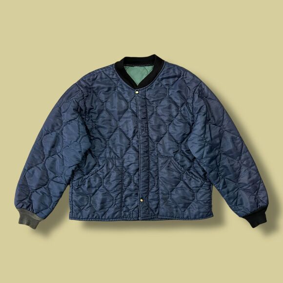 Vintage 70s Bomber Jacket Quilted Nylon Full Zip Navy Blue Military Grunge - Picture 1 of 13